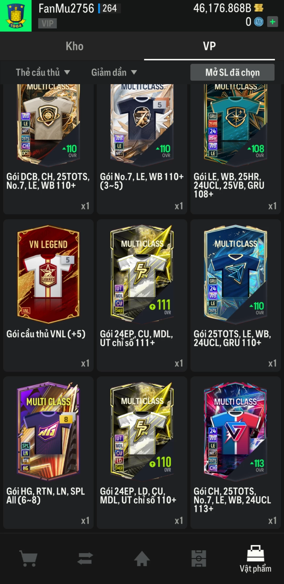 Ảnh ACC mở thẻ (LOẠI SVIP PROMAX) bao gồm có thẻ +12, thẻ Prime (có QH, CP, XS) và 1500+ đến 2000+ thẻ cầu thủ từ Siêu sao đến Miền núi các loại khác. Có sẵn BP trắng trong acc từ 40.000 tỷ BP đến 46.000 tỷ BP kèm theo nhiều ngày SVIP